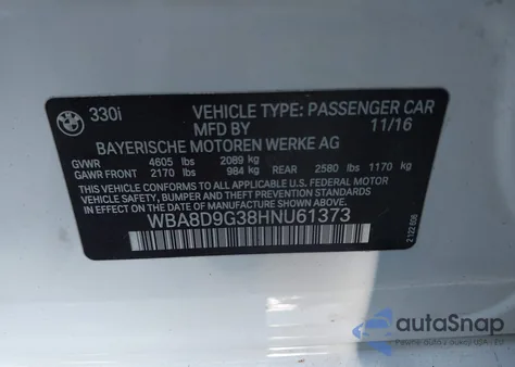 2017 BMW 330I xDrive из США, поврежденный, VIN WBA8D9G38HNU61373